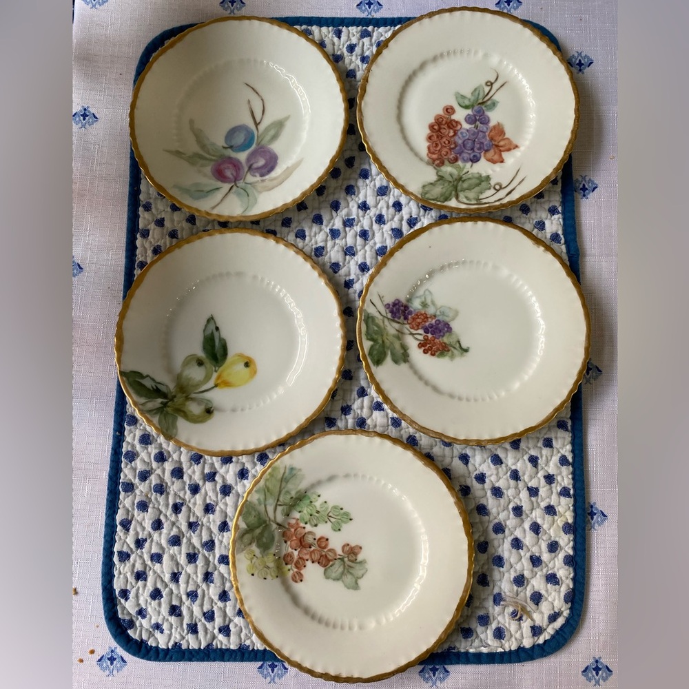 5 Vintage Fruit Themed 6 inch Porcelain Dessert Plates Set with Gold Rims